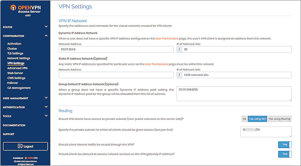 Screenshot of the OpenVPN Access Server, VPN Settings 1